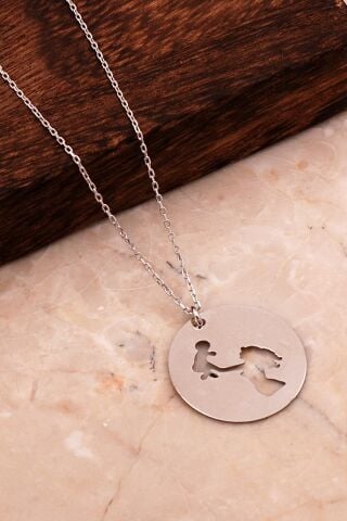 Plaka Rodyumlu Gümüş Anne Çocuk Kolye 7949