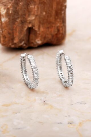 20 Mm Baget Taşlı Rodyumlu Gümüş Halka Küpe 7028