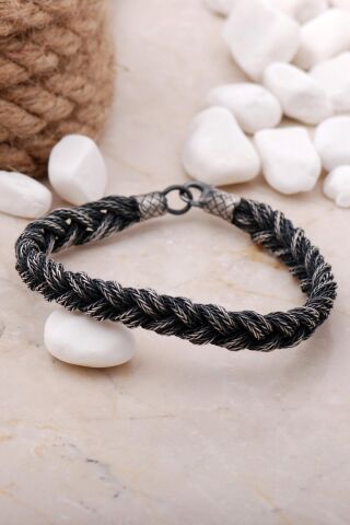 Kazaziye İşlemeli 21 Cm Örgü Gümüş Erkek Bileklik 3886