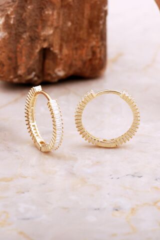 20 Mm Baget Taşlı Altın Kaplama Gümüş Halka Küpe 7029