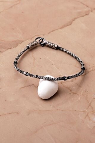 Kazaziye İşlemeli 20 Cm Örgü Gümüş Erkek Bileklik 3887