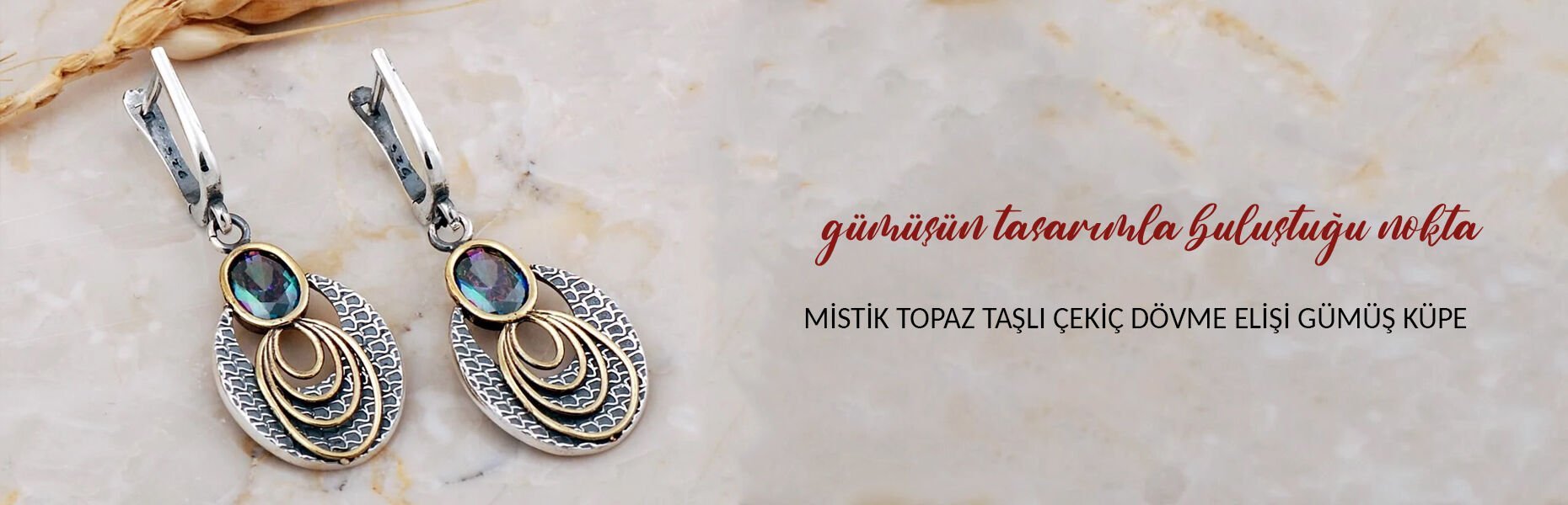 Mistik Topaz Taşlı Halkalı Çekiç Dövme Elişi Gümüş Küpe