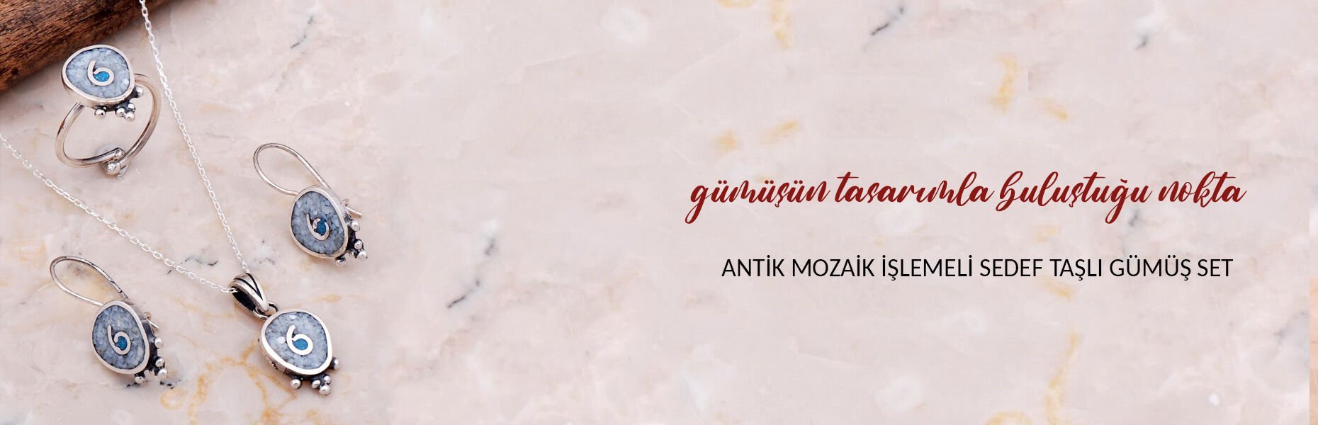 Antik Mozaik İşlemeli Sedef Taşlı Gümüş Set