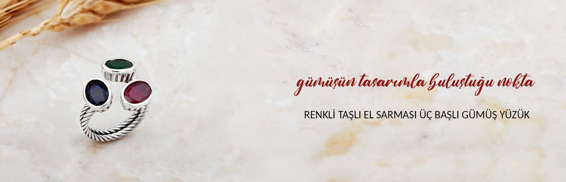 Renkli Taşlı El Sarması Üç Başlı Gümüş Yüzük