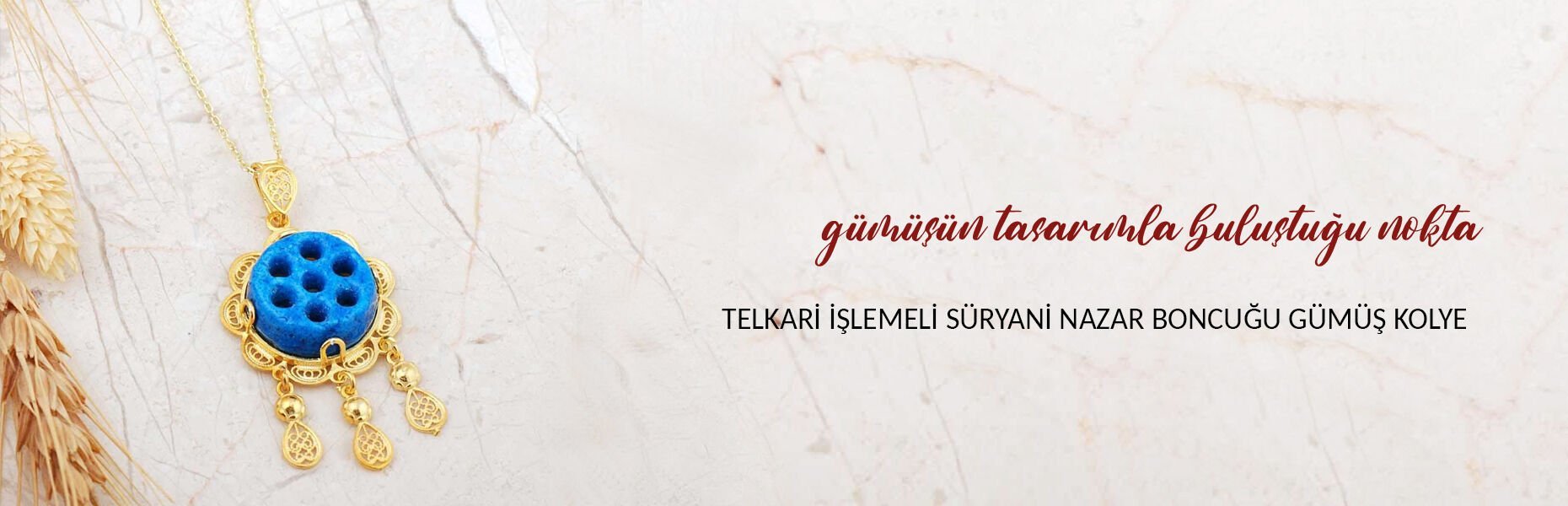 Telkari İşlemeli Altın Yaldızlı Süryani Nazar Boncuğu Gümüş Kolye