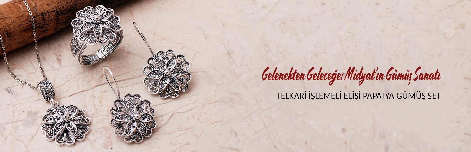 Telkari İşlemeli Elişi Papatya 925 Ayar Gümüş Set