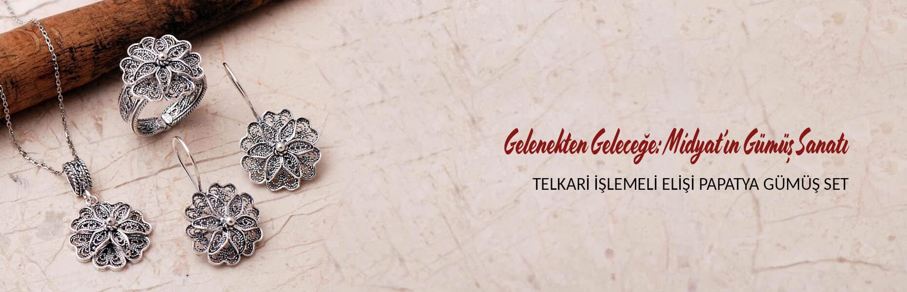 Telkari İşlemeli Elişi Papatya 925 Ayar Gümüş Set