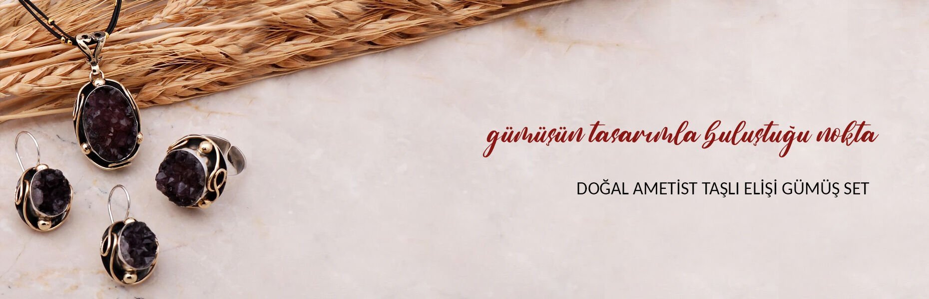 Doğal Ametist Taşlı Elişi Gümüş Set