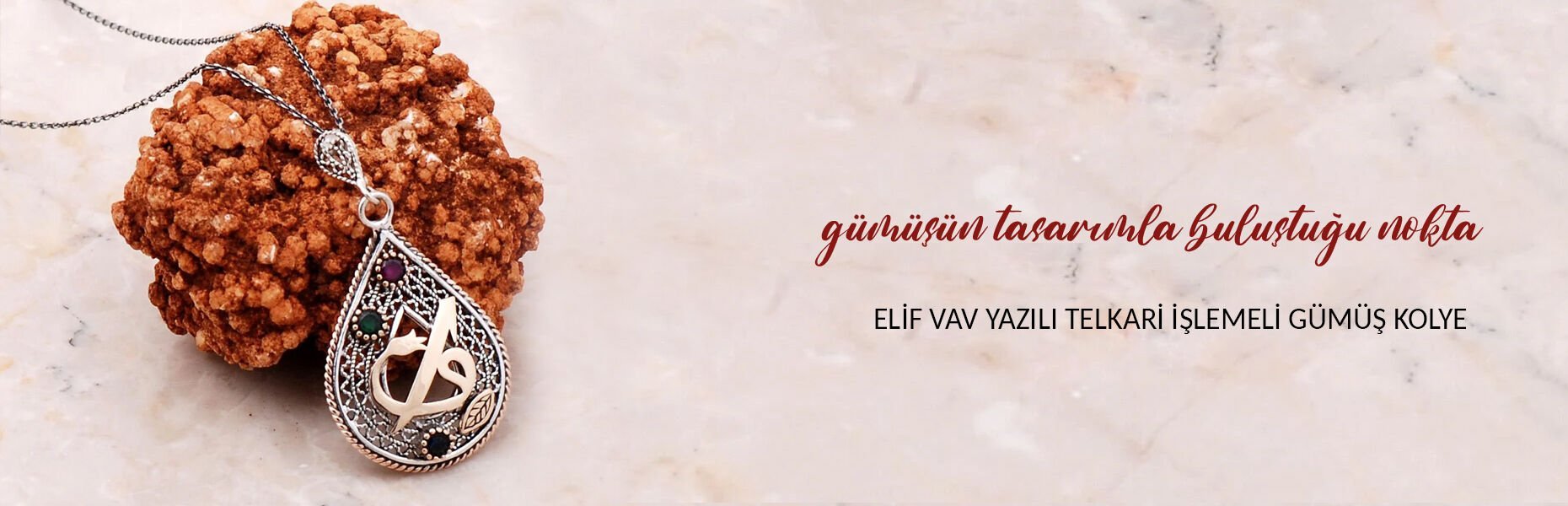 Elif Vav Yazılı Telkari İşlemeli Gümüş Kolye 6773