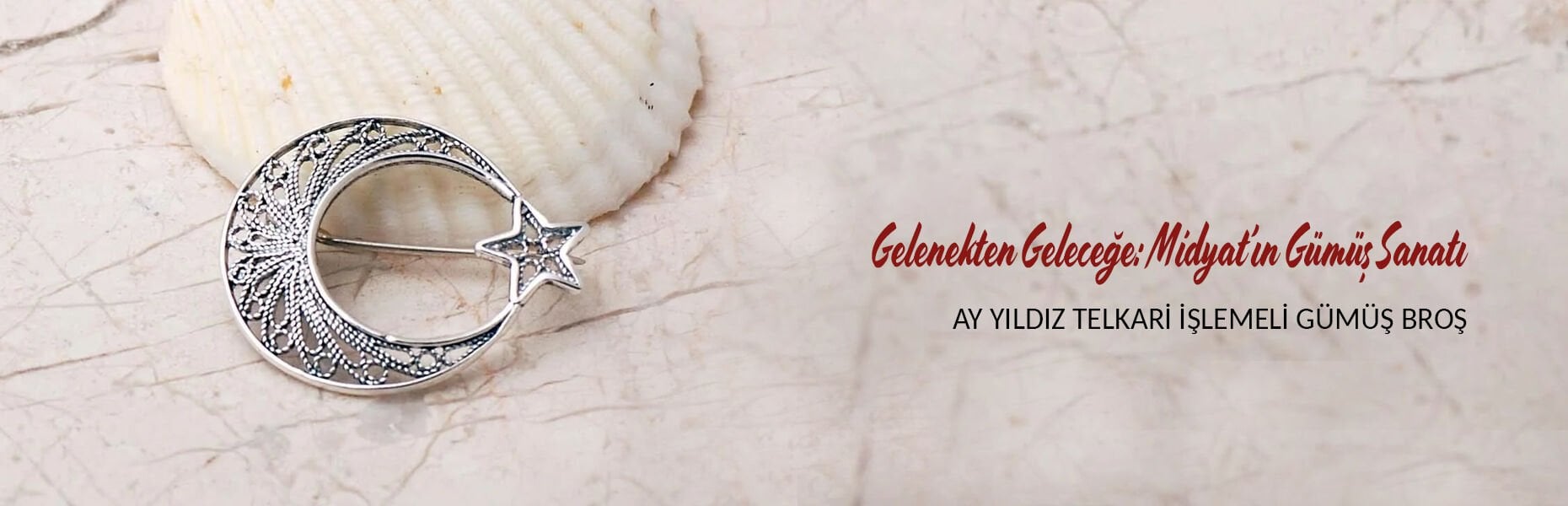 Ay Yıldız Telkari İşlemeli Elişi 925 Ayar Gümüş Broş