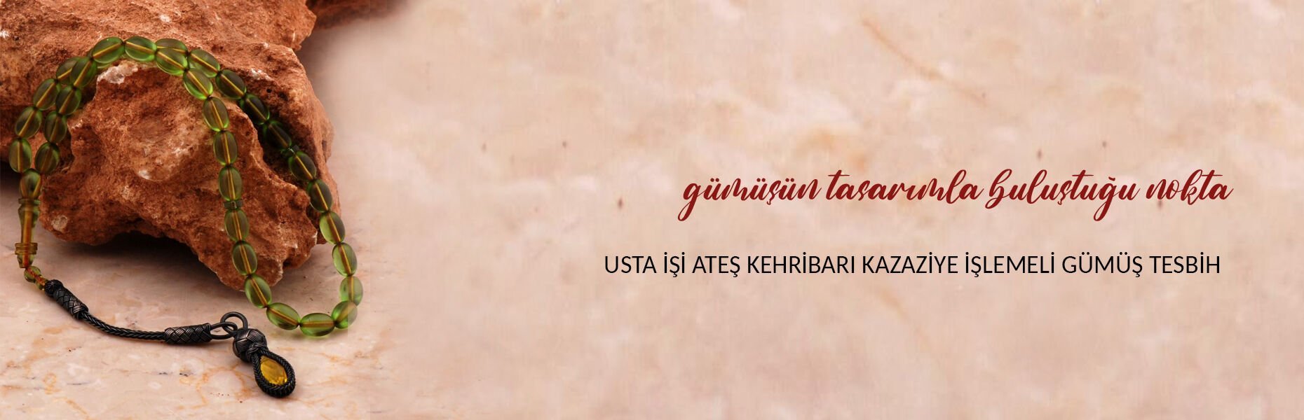 Usta İşi Ateş Kehribarı Kazaziye İşlemeli Gümüş Tesbih