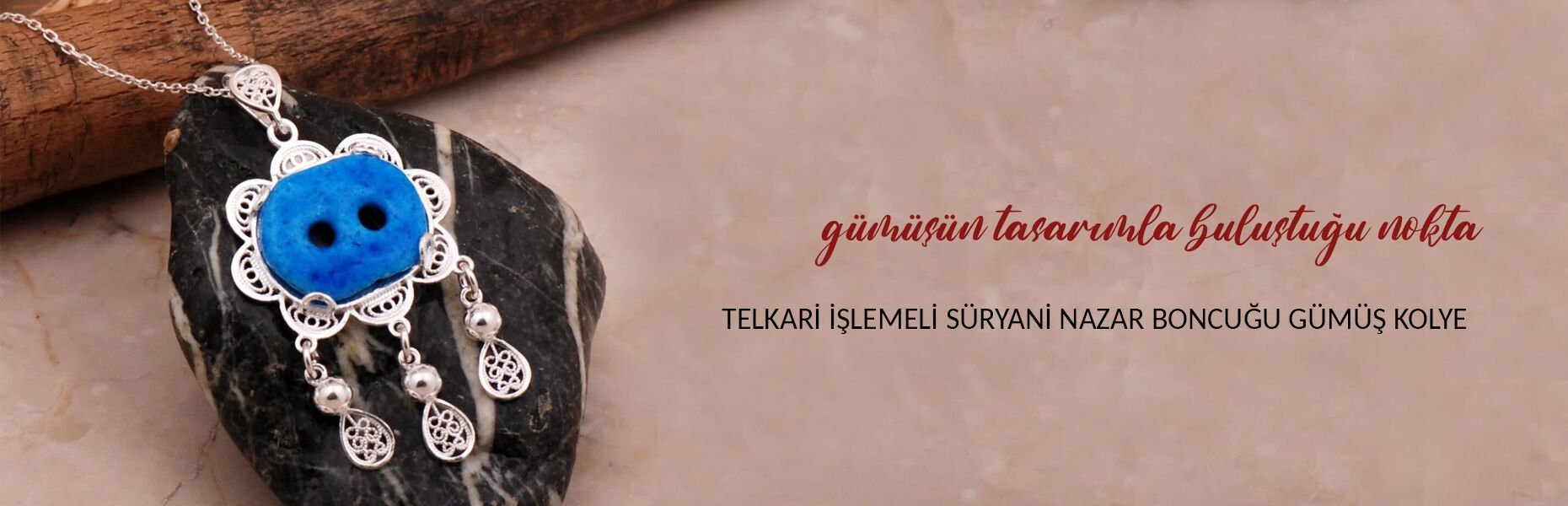 Telkari İşlemeli Süryani Nazar Boncuğu Gümüş Kolye