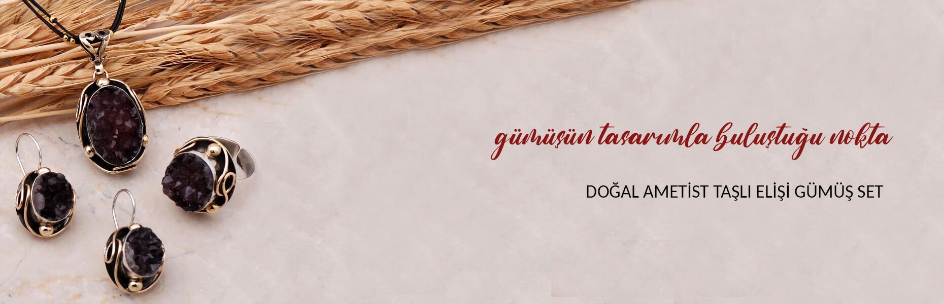 Doğal Ametist Taşlı Elişi Gümüş Set