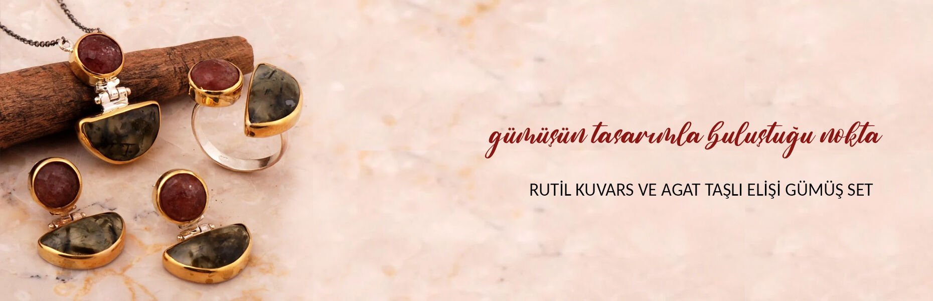 Rutil Kuvars ve Agat Taşlı Tasarım Elişi Gümüş Set