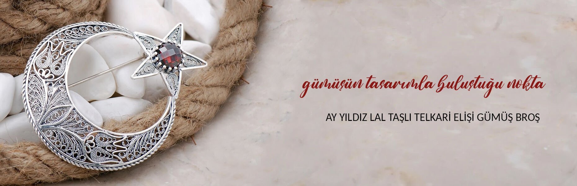 Ay Yıldız Lal Taşlı Telkari Elişi Gümüş Broş