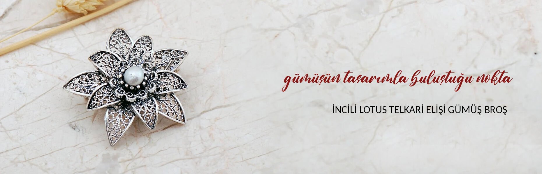 İncili Lotus Telkari Elişi Gümüş Broş