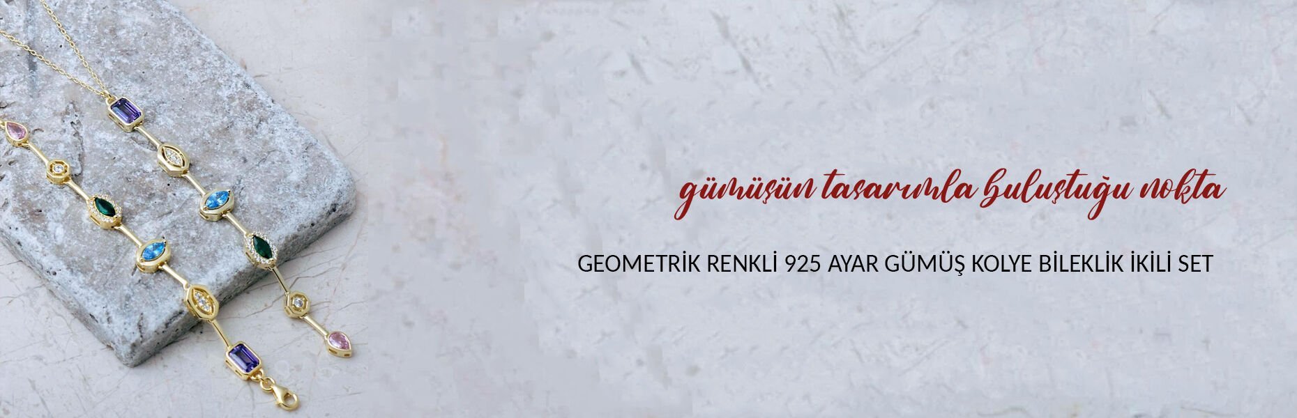 Geometrik Renkli Taşlı 925 Ayar Gümüş Kolye Bileklik İkili Set