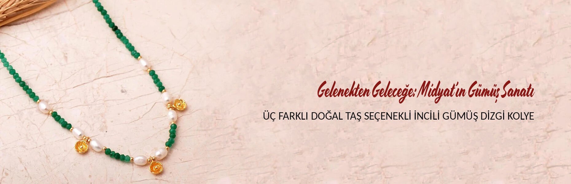 3 Farklı Doğal Taş Seçenekli Altın Yaldızlı 925 Ayar Gümüş İncili Dizgi Kolye