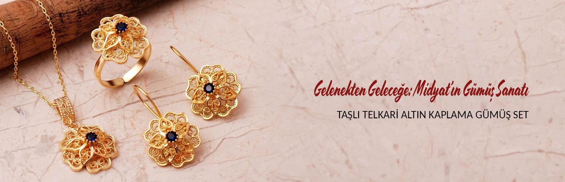 Taşlı Telkari Elişi Altın Kaplama 925 Ayar Gümüş Çiçek Set