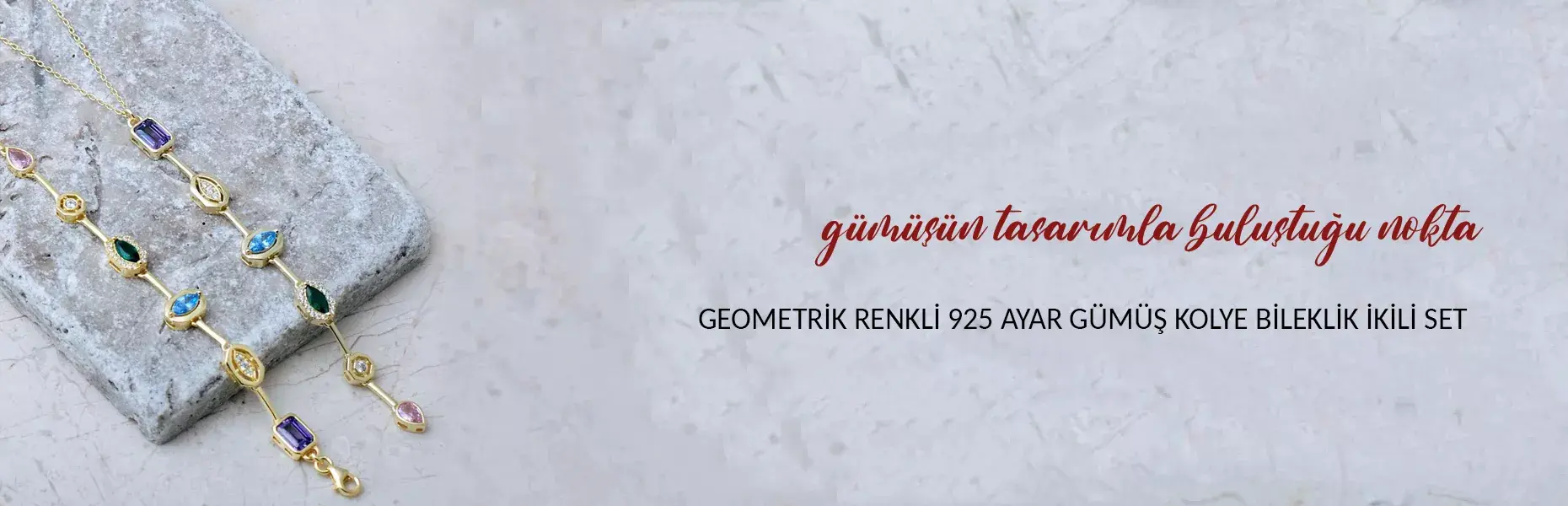 Geometrik Renkli Taşlı 925 Ayar Gümüş Kolye Bileklik İkili Set